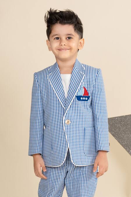 Little Boys Closet_Blue Polyester, Cotton Embroidery Checkered Blazer And Pant Set _Online_at_Aza_Fashions