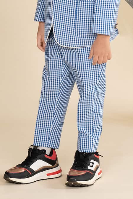Buy_Little Boys Closet_Blue Polyester, Cotton Embroidery Checkered Blazer And Pant Set _Online_at_Aza_Fashions