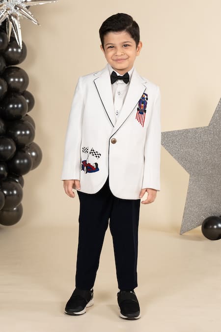 LITTLE BOYS CLOSET White Suiting Sandwash Polyester Embroidery Resham Car Blazer Set 