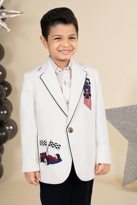 Little Boys Closet White Polyester, Cotton, Satin Embroidery Car Blazer Set Online at Aza Fashions Little Boys Closet_White Polyester, Cotton, Satin Embroidery Car Blazer Set _Online_at_Aza_Fashions