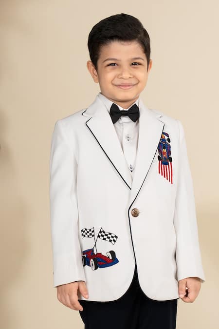 Shop Little Boys Closet White Polyester, Cotton, Satin Embroidery Car Blazer Set Online at Aza Fashions Shop_Little Boys Closet_White Polyester, Cotton, Satin Embroidery Car Blazer Set _Online_at_Aza_Fashions