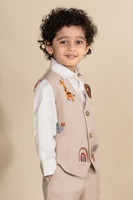 Shop_Little Boys Closet_White Cotton, Polyester Embroidery Animal Waistcoat Set _Online_at_Aza_Fashions