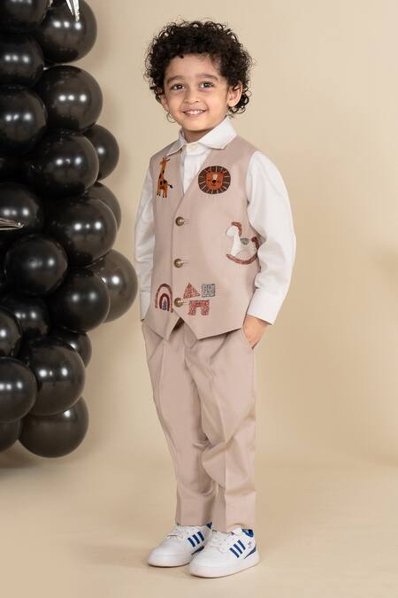 Little Boys Closet_White Cotton, Polyester Embroidery Animal Waistcoat Set _at_Aza_Fashions