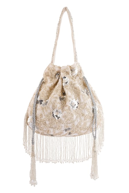 Shop_A Clutch Story_Silver Cut Work, Sequins, Beads Embroidered Potli _at_Aza_Fashions