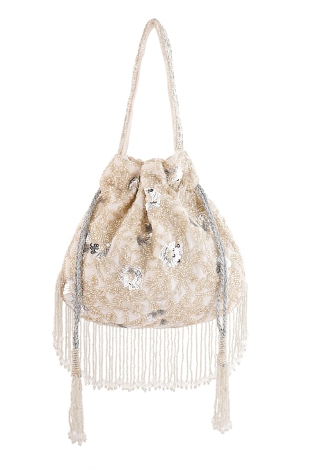 Shop_A Clutch Story_Silver Cut Work, Sequins, Beads Embroidered Potli _Online_at_Aza_Fashions