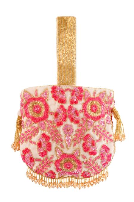 A Clutch Story Pink Cut Work, Sequins, Beads Rosy Dream Floral Embroidered Potli Online at Aza Fashions A Clutch Story_Pink Cut Work, Sequins, Beads Rosy Dream Floral Embroidered Potli _Online_at_Aza_Fashions