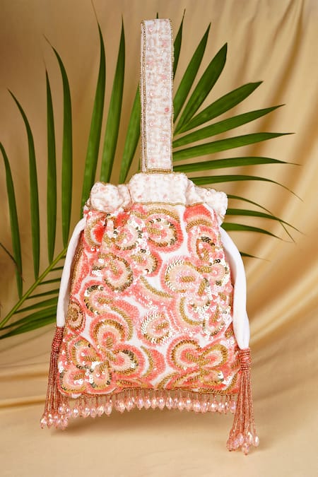 A Clutch Story Peach Sequin Blossom Floral Embroidered Potli 