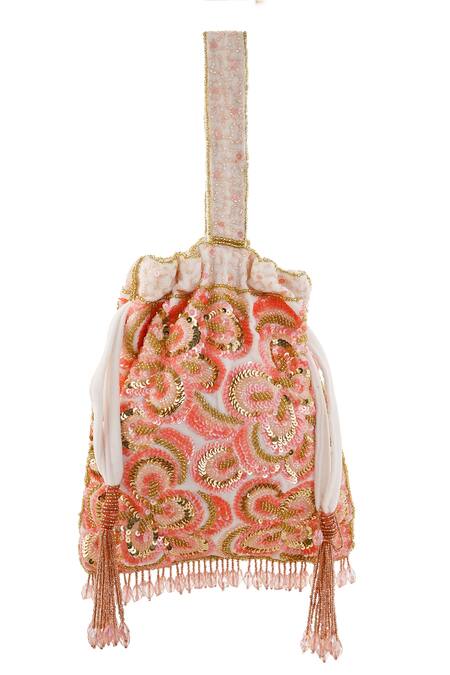 Shop A Clutch Story Peach Crystals, Sequins, Beads Blossom Floral Embroidered Potli at Aza Fashions Shop_A Clutch Story_Peach Crystals, Sequins, Beads Blossom Floral Embroidered Potli_at_Aza_Fashions