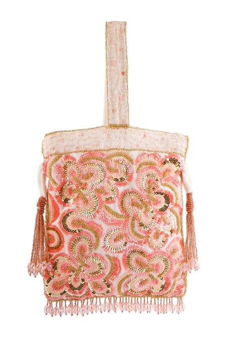 A Clutch Story Peach Crystals, Sequins, Beads Blossom Floral Embroidered Potli Online at Aza Fashions A Clutch Story_Peach Crystals, Sequins, Beads Blossom Floral Embroidered Potli_Online_at_Aza_Fashions