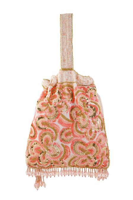 Buy A Clutch Story Peach Crystals, Sequins, Beads Blossom Floral Embroidered Potli Online at Aza Fashions Buy_A Clutch Story_Peach Crystals, Sequins, Beads Blossom Floral Embroidered Potli_Online_at_Aza_Fashions
