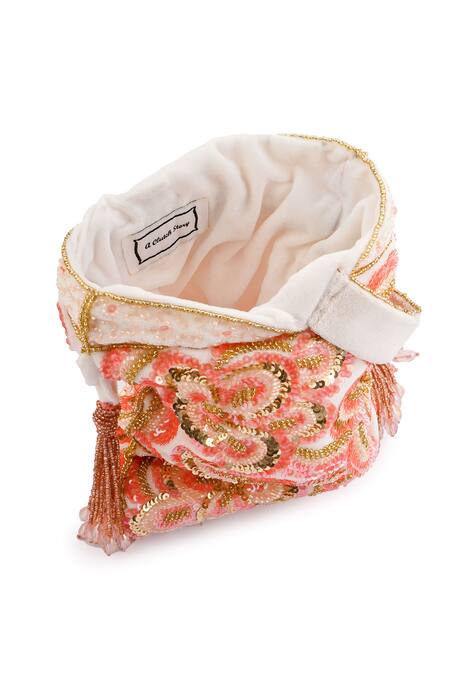 Shop A Clutch Story Peach Crystals, Sequins, Beads Blossom Floral Embroidered Potli Online at Aza Fashions Shop_A Clutch Story_Peach Crystals, Sequins, Beads Blossom Floral Embroidered Potli_Online_at_Aza_Fashions