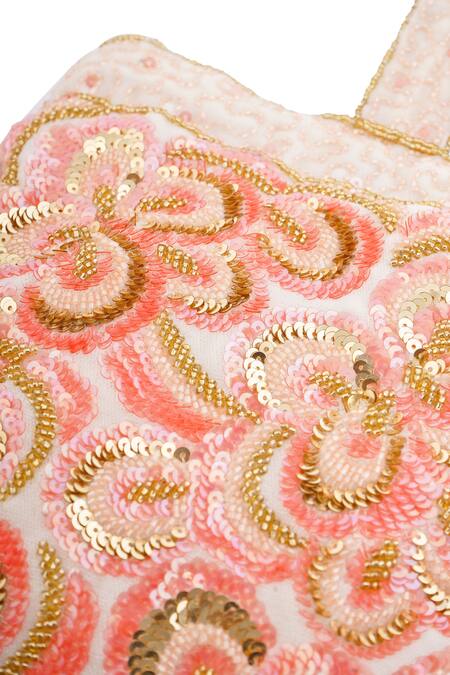 A Clutch Story Peach Crystals, Sequins, Beads Blossom Floral Embroidered Potli at Aza Fashions A Clutch Story_Peach Crystals, Sequins, Beads Blossom Floral Embroidered Potli_at_Aza_Fashions