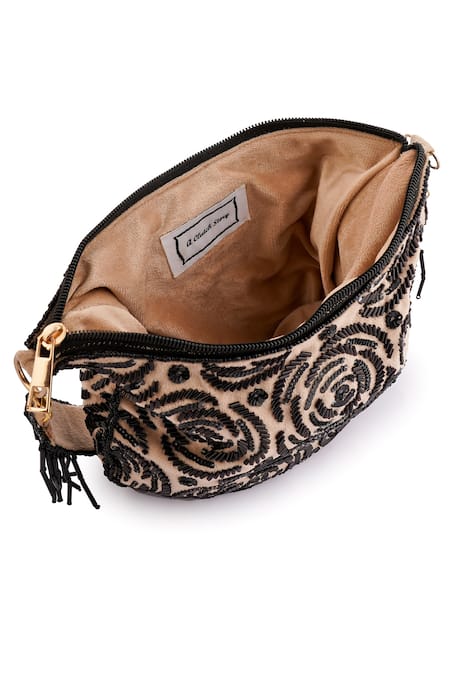 Shop_A Clutch Story_Black Cut Work, Beads Midnight Bloom Embroidered Purse _Online_at_Aza_Fashions