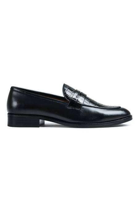 Wednesday Lifestyle_Black George Appron Croc Leather Penny Loafers _Online_at_Aza_Fashions