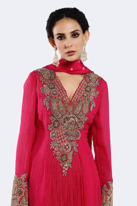Onaya_Pink Crepe Pearls, Sequins, Embroidery Paisley Embellished Anarkali With Dupatta _Online_at_Aza_Fashions