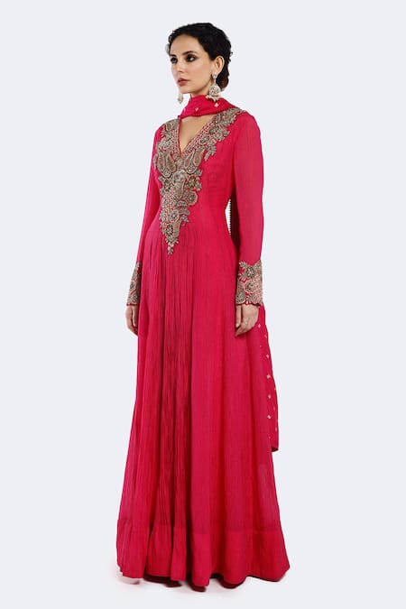 Buy_Onaya_Pink Crepe Pearls, Sequins, Embroidery Paisley Embellished Anarkali With Dupatta _Online_at_Aza_Fashions