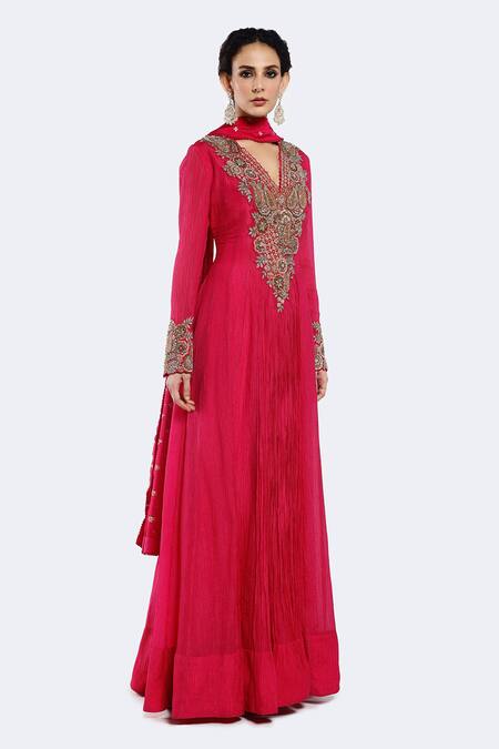 Shop_Onaya_Pink Crepe Pearls, Sequins, Embroidery Paisley Embellished Anarkali With Dupatta _Online_at_Aza_Fashions