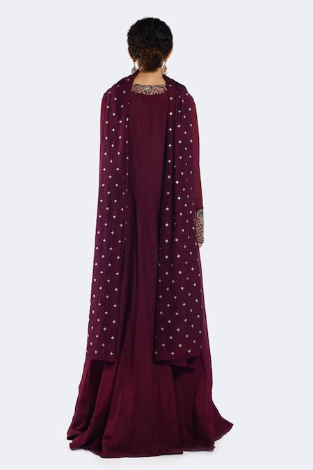 Shop Onaya Wine Crepe Pearls, Diamonds, Sequins V-neck Paisley Work Anarkali With Dupatta at Aza Fashions Shop_Onaya_Wine Crepe Pearls, Diamonds, Sequins V-neck Paisley Work Anarkali With Dupatta _at_Aza_Fashions