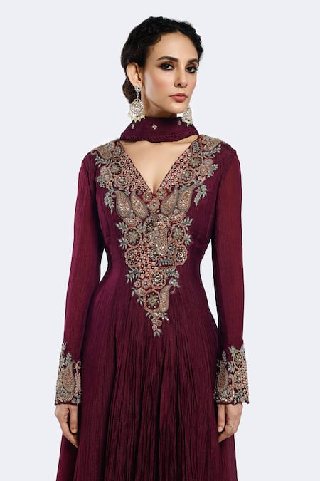 Onaya Wine Crepe Pearls, Diamonds, Sequins V-neck Paisley Work Anarkali With Dupatta Online at Aza Fashions Onaya_Wine Crepe Pearls, Diamonds, Sequins V-neck Paisley Work Anarkali With Dupatta _Online_at_Aza_Fashions