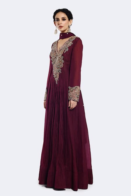 Buy Onaya Wine Crepe Pearls, Diamonds, Sequins V-neck Paisley Work Anarkali With Dupatta Online at Aza Fashions Buy_Onaya_Wine Crepe Pearls, Diamonds, Sequins V-neck Paisley Work Anarkali With Dupatta _Online_at_Aza_Fashions
