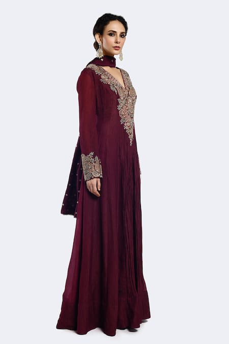 Shop Onaya Wine Crepe Pearls, Diamonds, Sequins V-neck Paisley Work Anarkali With Dupatta Online at Aza Fashions Shop_Onaya_Wine Crepe Pearls, Diamonds, Sequins V-neck Paisley Work Anarkali With Dupatta _Online_at_Aza_Fashions