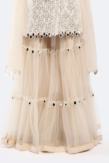 Onaya_Off White Net Mirrors Round Neck Work Kurta Sharara Set_Online_at_Aza_Fashions
