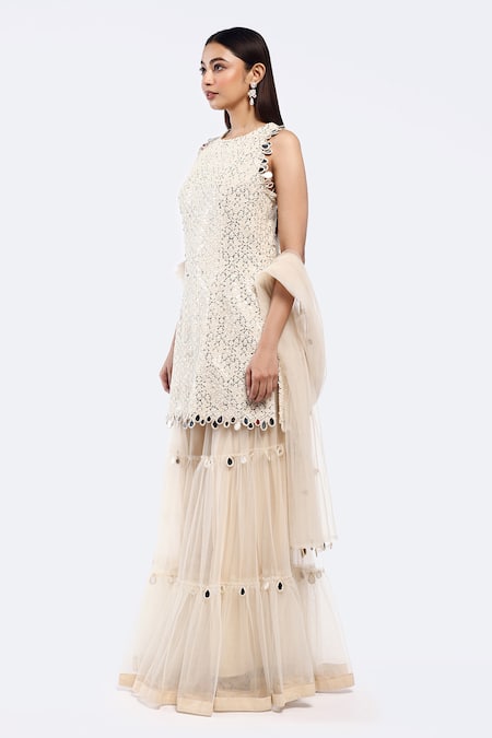 Buy_Onaya_Off White Net Mirrors Round Neck Work Kurta Sharara Set_Online_at_Aza_Fashions