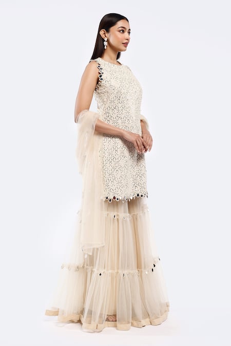 Shop_Onaya_Off White Net Mirrors Round Neck Work Kurta Sharara Set_Online_at_Aza_Fashions