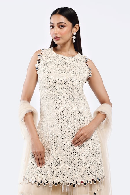Onaya_Off White Net Mirrors Round Neck Work Kurta Sharara Set_at_Aza_Fashions