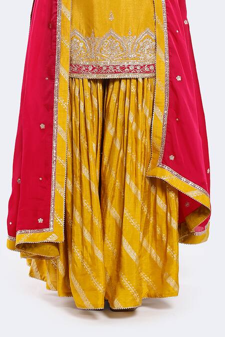 Buy_Onaya_Yellow Organza, Satin Zari, Embroidery Round Neck Kurta Sharara Set_Online_at_Aza_Fashions