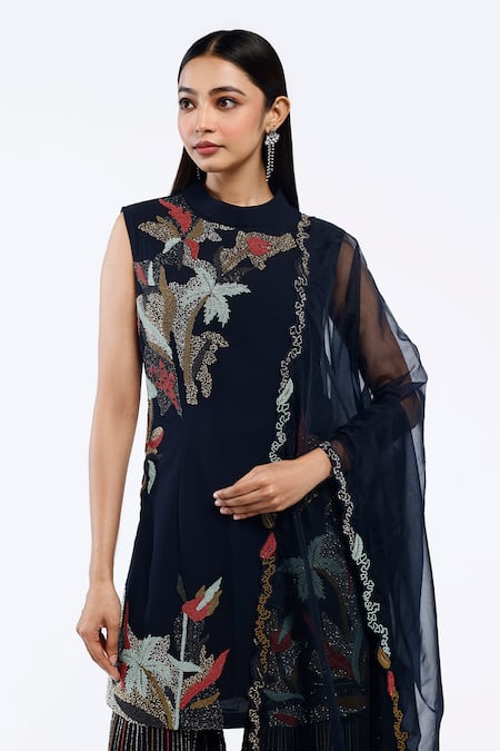 Onaya_Blue Georgette Embroidery, Cut Work High Neck Short Cheed Kurta Sharara Set _Online_at_Aza_Fashions