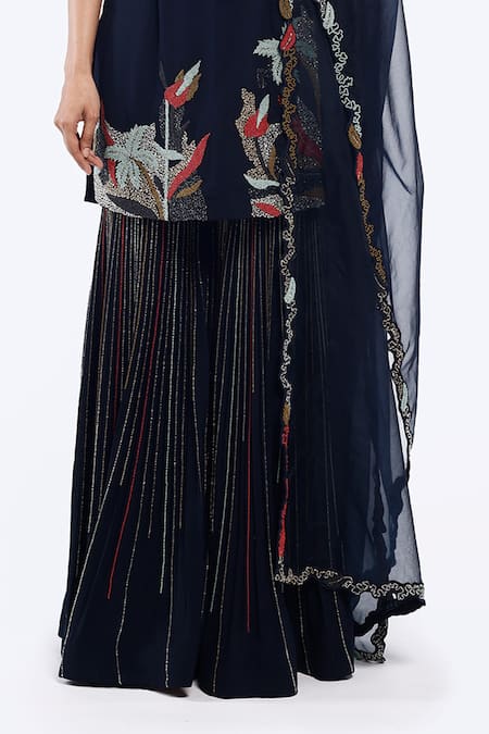 Buy_Onaya_Blue Georgette Embroidery, Cut Work High Neck Short Cheed Kurta Sharara Set _Online_at_Aza_Fashions