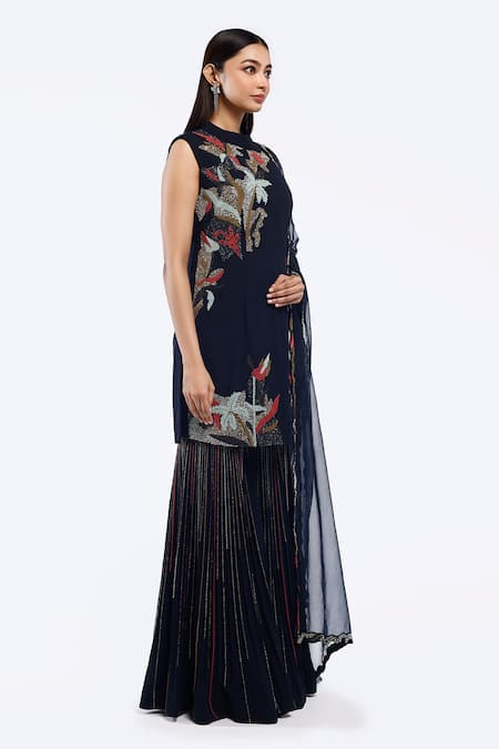 Shop_Onaya_Blue Georgette Embroidery, Cut Work High Neck Short Cheed Kurta Sharara Set _Online_at_Aza_Fashions