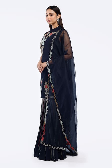 Onaya_Blue Georgette Embroidery, Cut Work High Neck Short Cheed Kurta Sharara Set _at_Aza_Fashions