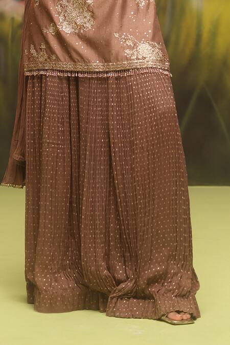 Onaya Brown Georgette Crystals Floral Embellished Kurta Sharara Set Online at Aza Fashions Onaya_Brown Georgette Crystals Floral Embellished Kurta Sharara Set_Online_at_Aza_Fashions