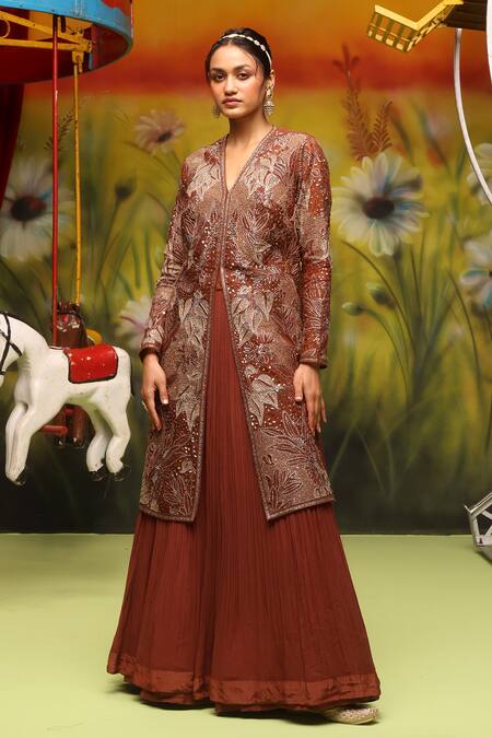 Buy_Onaya_Brown Organza, Georgette Sequins, Cut Work Embroidered Jacket And Lehenga Set_Online_at_Aza_Fashions