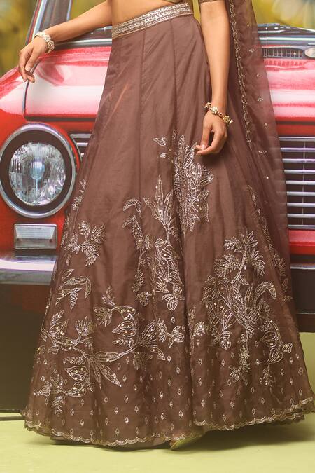 Buy Onaya Grey Organza Sequins, Embroidery V-neck Floral Lehenga Set Online at Aza Fashions Buy_Onaya_Grey Organza Sequins, Embroidery V-neck Floral Lehenga Set_Online_at_Aza_Fashions