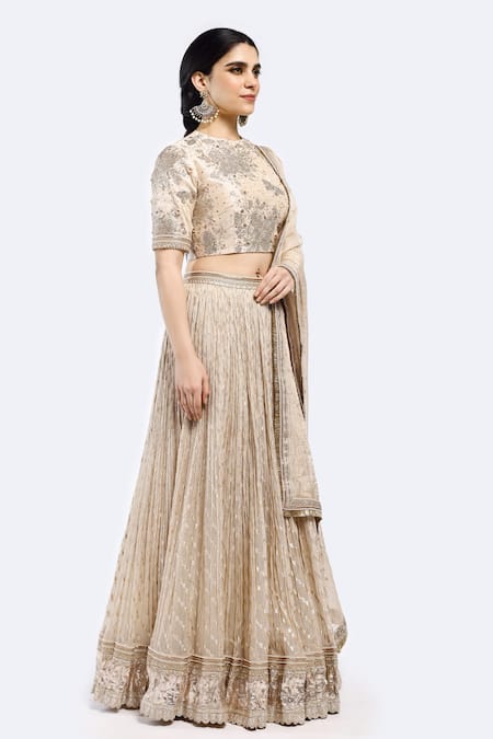 Onaya Ivory Organza Sequins, Embroidery Round Neck Embellished Scallop Hem Lehenga Set Online at Aza Fashions Onaya_Ivory Organza Sequins, Embroidery Round Neck Embellished Scallop Hem Lehenga Set _Online_at_Aza_Fashions