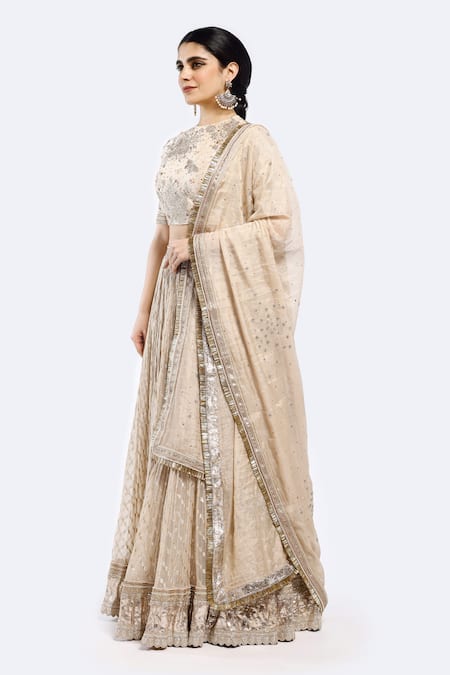 Onaya Ivory Organza Sequins, Embroidery Round Neck Embellished Scallop Hem Lehenga Set at Aza Fashions Onaya_Ivory Organza Sequins, Embroidery Round Neck Embellished Scallop Hem Lehenga Set _at_Aza_Fashions
