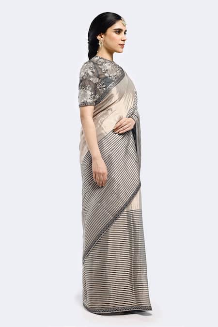Onaya Grey Tissue Sequins, Embroidery Stripe Detailed Saree With Blouse Online at Aza Fashions Onaya_Grey Tissue Sequins, Embroidery Stripe Detailed Saree With Blouse_Online_at_Aza_Fashions