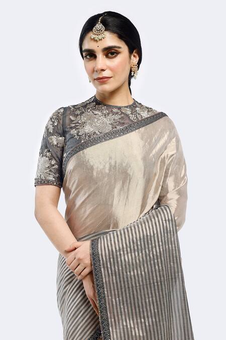Buy Onaya Grey Tissue Sequins, Embroidery Stripe Detailed Saree With Blouse Online at Aza Fashions Buy_Onaya_Grey Tissue Sequins, Embroidery Stripe Detailed Saree With Blouse_Online_at_Aza_Fashions