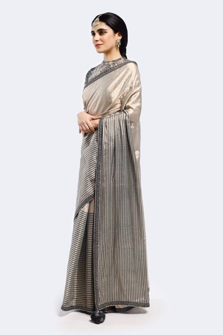 Shop Onaya Grey Tissue Sequins, Embroidery Stripe Detailed Saree With Blouse Online at Aza Fashions Shop_Onaya_Grey Tissue Sequins, Embroidery Stripe Detailed Saree With Blouse_Online_at_Aza_Fashions