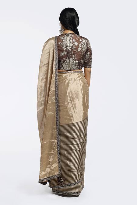 Shop Onaya Beige Tissue Embellished Badla High Hem Saree With Blouse at Aza Fashions Shop_Onaya_Beige Tissue Embellished Badla High Hem Saree With Blouse_at_Aza_Fashions