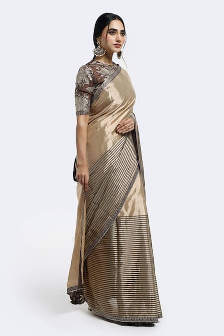 Onaya Beige Tissue Embellished Badla High Hem Saree With Blouse Online at Aza Fashions Onaya_Beige Tissue Embellished Badla High Hem Saree With Blouse_Online_at_Aza_Fashions