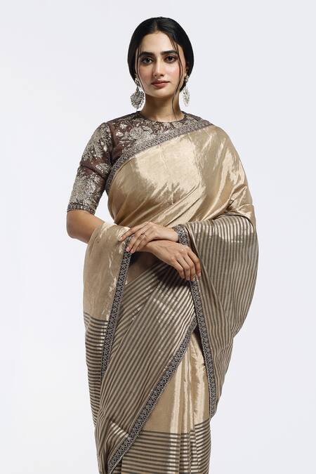 Buy Onaya Beige Tissue Embellished Badla High Hem Saree With Blouse Online at Aza Fashions Buy_Onaya_Beige Tissue Embellished Badla High Hem Saree With Blouse_Online_at_Aza_Fashions