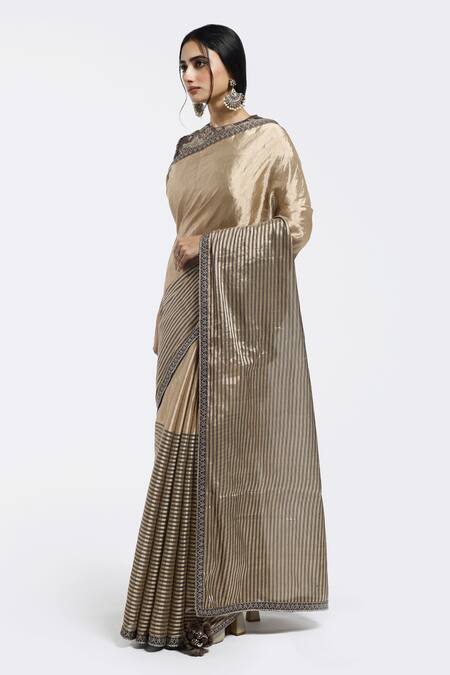 Shop Onaya Beige Tissue Embellished Badla High Hem Saree With Blouse Online at Aza Fashions Shop_Onaya_Beige Tissue Embellished Badla High Hem Saree With Blouse_Online_at_Aza_Fashions