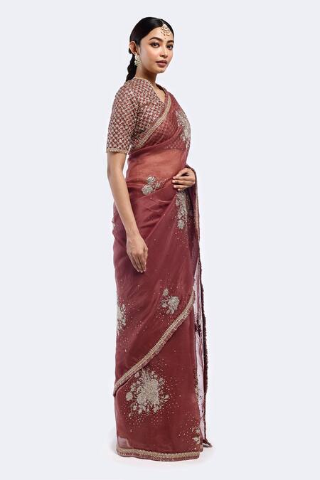 Onaya_Red Organza Sequins V-neck Floral Patch Work Saree With Blouse_Online_at_Aza_Fashions