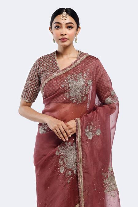 Buy_Onaya_Red Organza Sequins V-neck Floral Patch Work Saree With Blouse_Online_at_Aza_Fashions