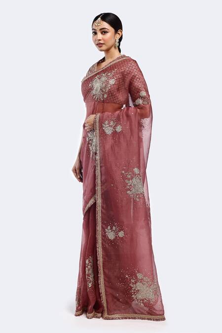 Shop_Onaya_Red Organza Sequins V-neck Floral Patch Work Saree With Blouse_Online_at_Aza_Fashions