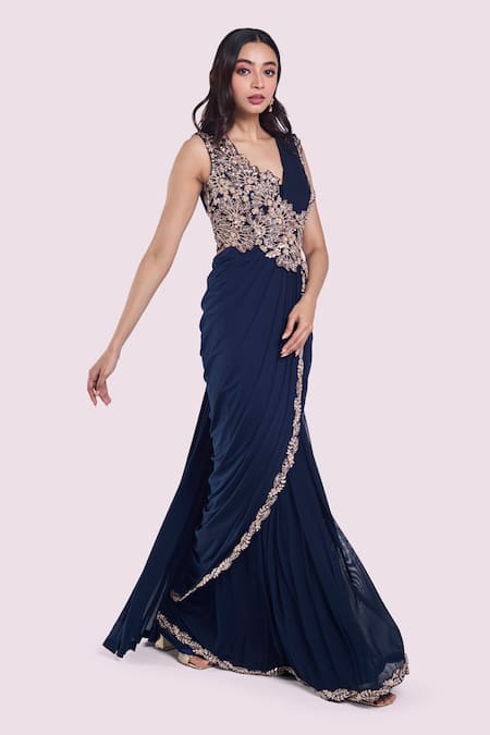 Onaya Blue Lycra Sequins, Cut Work Leaf Embellished Pre-draped Saree With Blouse Online at Aza Fashions Onaya_Blue Lycra Sequins, Cut Work Leaf Embellished Pre-draped Saree With Blouse _Online_at_Aza_Fashions